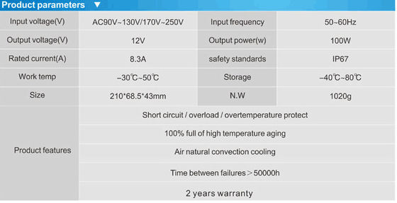बिक्री के लिए उच्च गुणवत्ता वाले जलरोधक IP67 12v 100w बिजली आपूर्ति एलईडी नीयन ट्रांसफार्मर