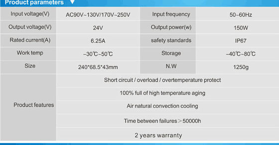 बिक्री के लिए उच्च गुणवत्ता वाले एलईडी ड्राइवर जलरोधक आईपी67 24v 150w बिजली की आपूर्ति एलईडी नीयन ट्रांसफार्मर